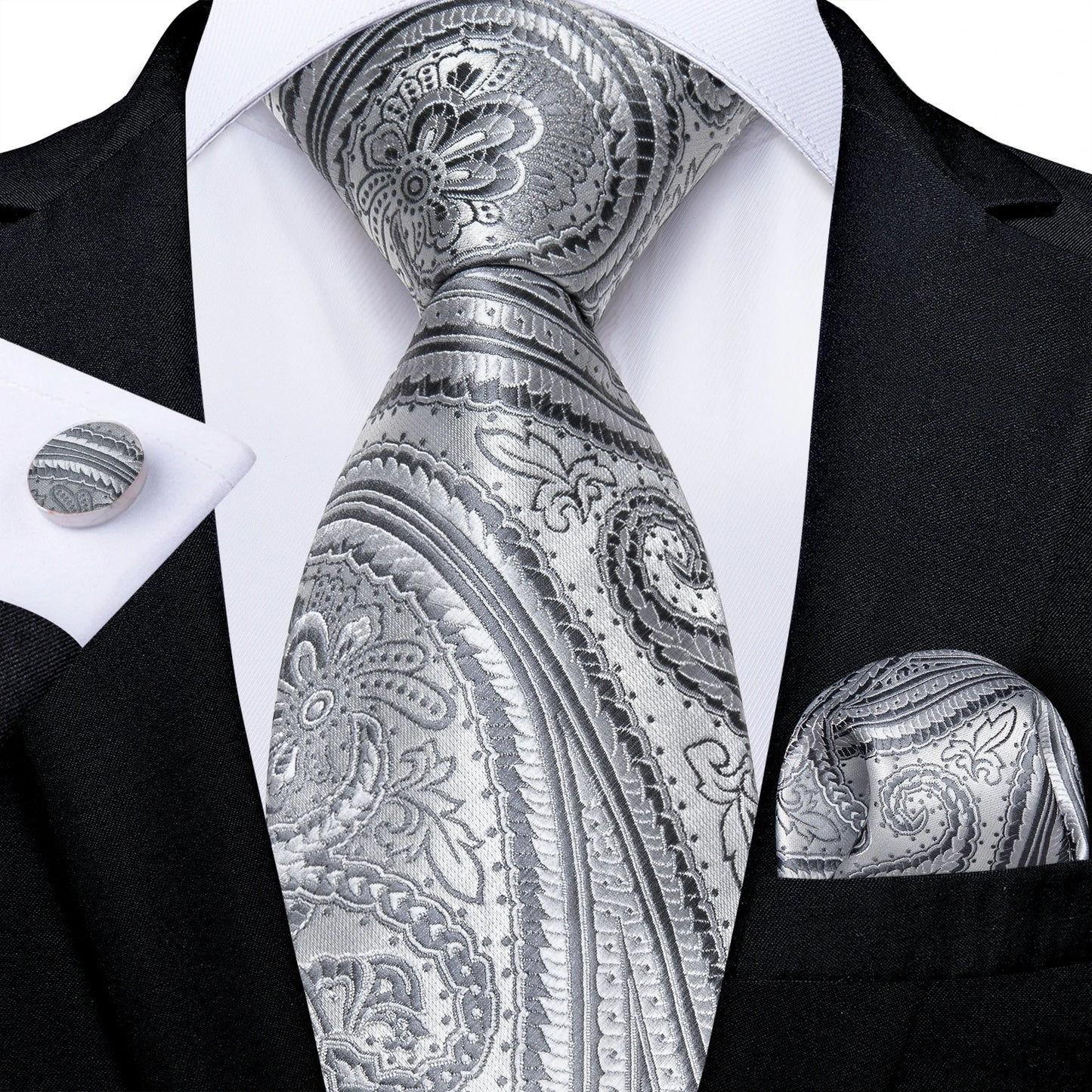 Kit Luxo Gravata Branca, Cinza e Prata com Lenço e Abotoaduras | Gravata de Seda Elegante para Casamento, Festa e Negócios | Sofisticação e Estilo Masculino Completo