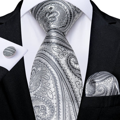 Kit Luxo Gravata Branca, Cinza e Prata com Lenço e Abotoaduras | Gravata de Seda Elegante para Casamento, Festa e Negócios | Sofisticação e Estilo Masculino Completo