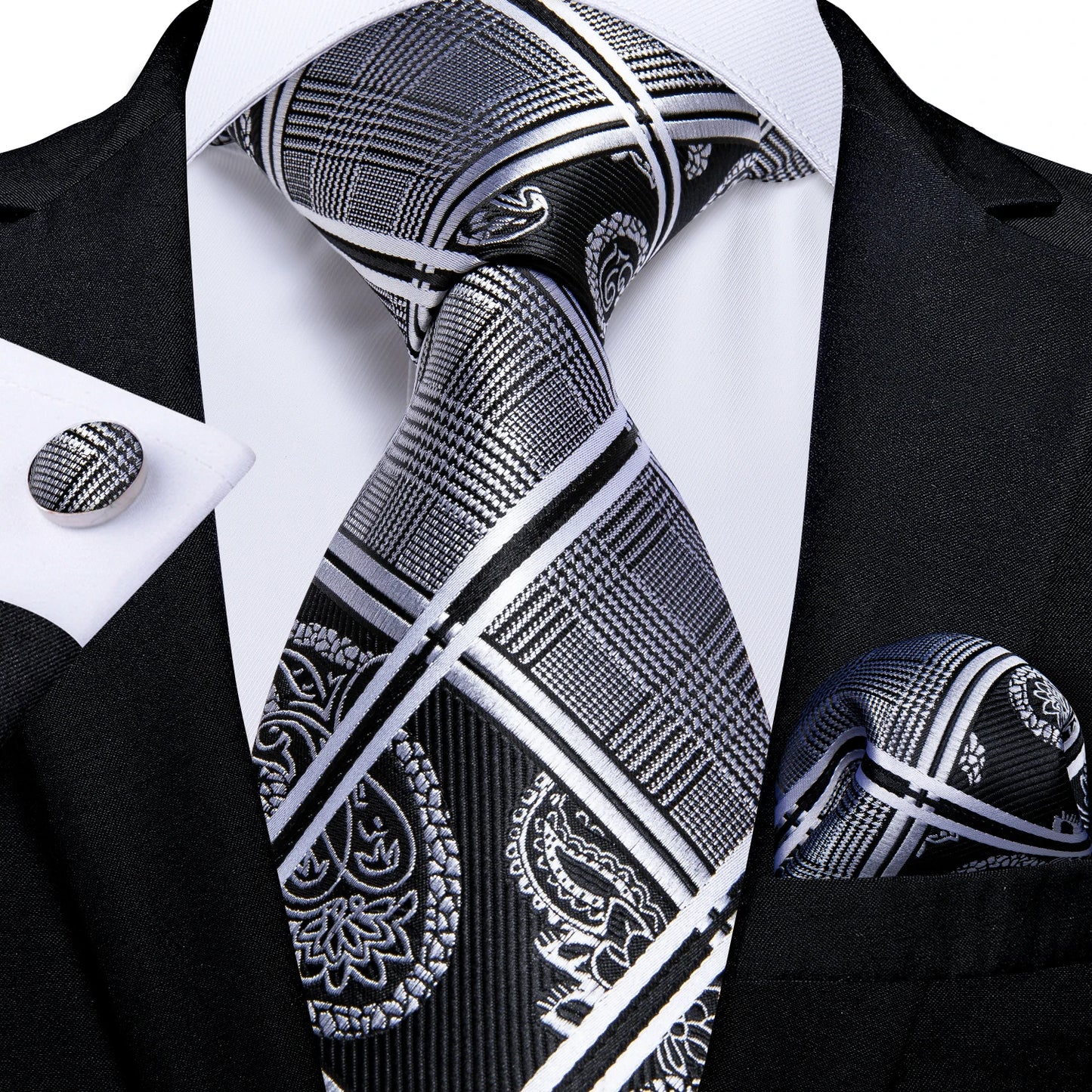 Kit Luxo Gravata Branca, Cinza e Prata com Lenço e Abotoaduras | Gravata de Seda Elegante para Casamento, Festa e Negócios | Sofisticação e Estilo Masculino Completo
