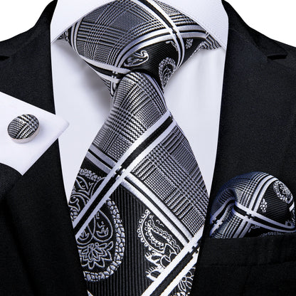 Kit Luxo Gravata Branca, Cinza e Prata com Lenço e Abotoaduras | Gravata de Seda Elegante para Casamento, Festa e Negócios | Sofisticação e Estilo Masculino Completo