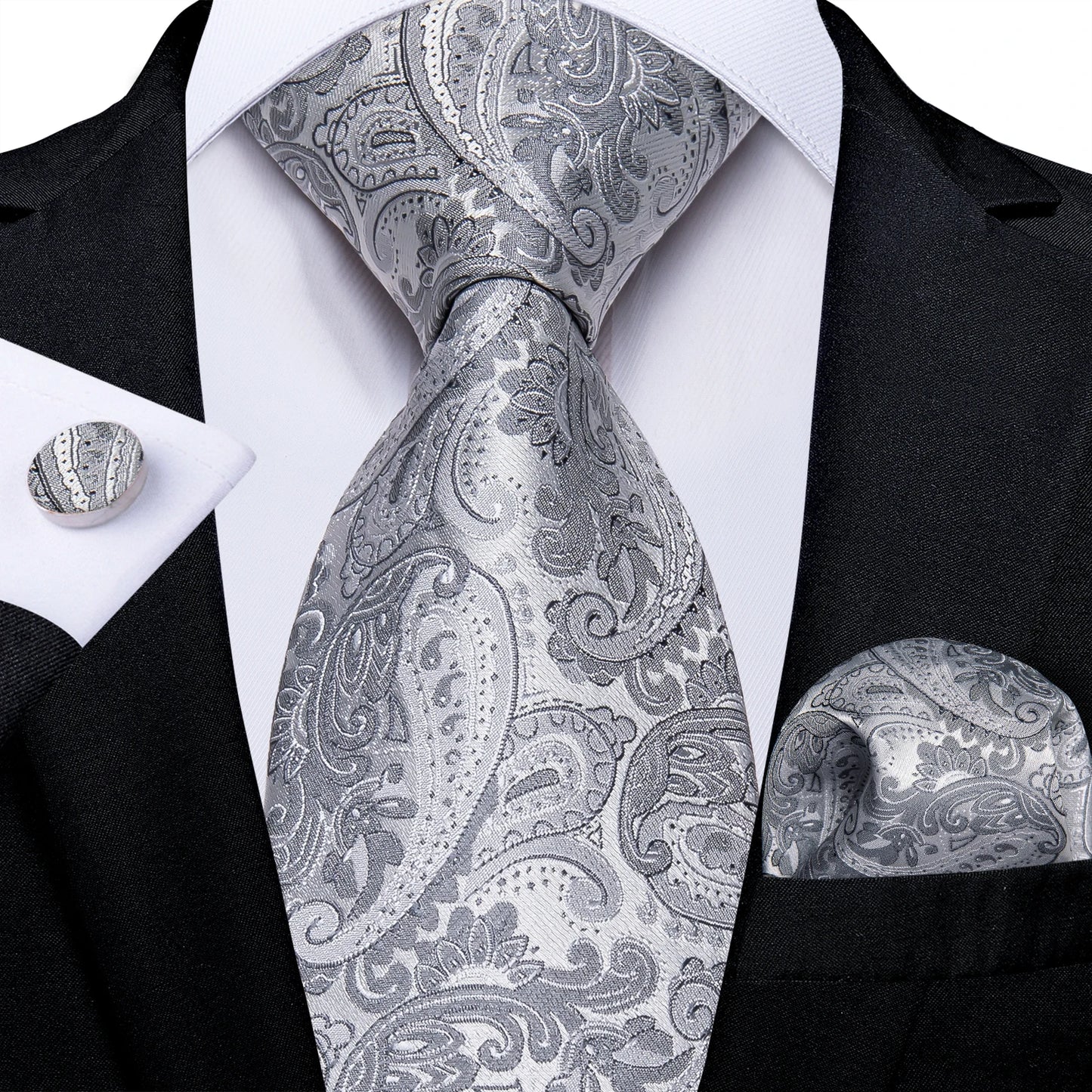 Kit Luxo Gravata Branca, Cinza e Prata com Lenço e Abotoaduras | Gravata de Seda Elegante para Casamento, Festa e Negócios | Sofisticação e Estilo Masculino Completo