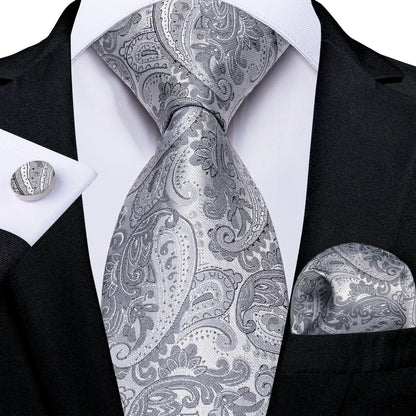 Kit Luxo Gravata Branca, Cinza e Prata com Lenço e Abotoaduras | Gravata de Seda Elegante para Casamento, Festa e Negócios | Sofisticação e Estilo Masculino Completo