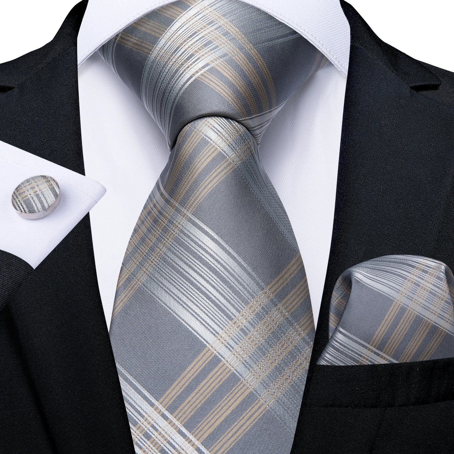 Kit Luxo Gravata Branca, Cinza e Prata com Lenço e Abotoaduras | Gravata de Seda Elegante para Casamento, Festa e Negócios | Sofisticação e Estilo Masculino Completo