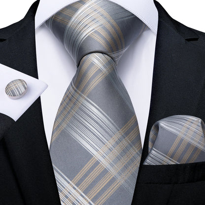 Kit Luxo Gravata Branca, Cinza e Prata com Lenço e Abotoaduras | Gravata de Seda Elegante para Casamento, Festa e Negócios | Sofisticação e Estilo Masculino Completo