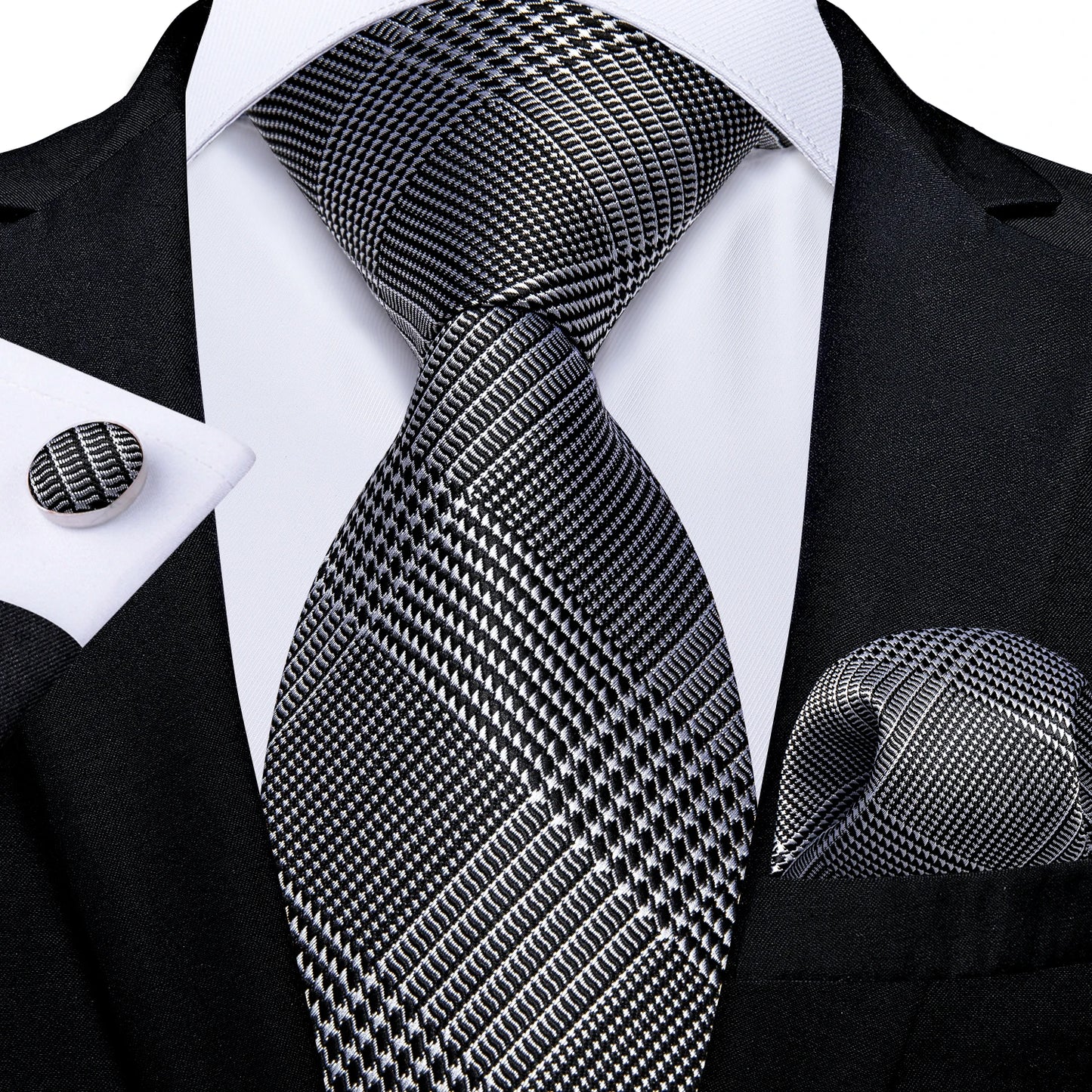 Kit Luxo Gravata Branca, Cinza e Prata com Lenço e Abotoaduras | Gravata de Seda Elegante para Casamento, Festa e Negócios | Sofisticação e Estilo Masculino Completo