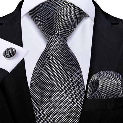 Kit Luxo Gravata Branca, Cinza e Prata com Lenço e Abotoaduras | Gravata de Seda Elegante para Casamento, Festa e Negócios | Sofisticação e Estilo Masculino Completo
